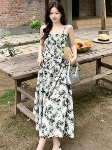 YCYC Casual Floral Print Cinched Waist Spaghetti Strap Dress - White - View 5