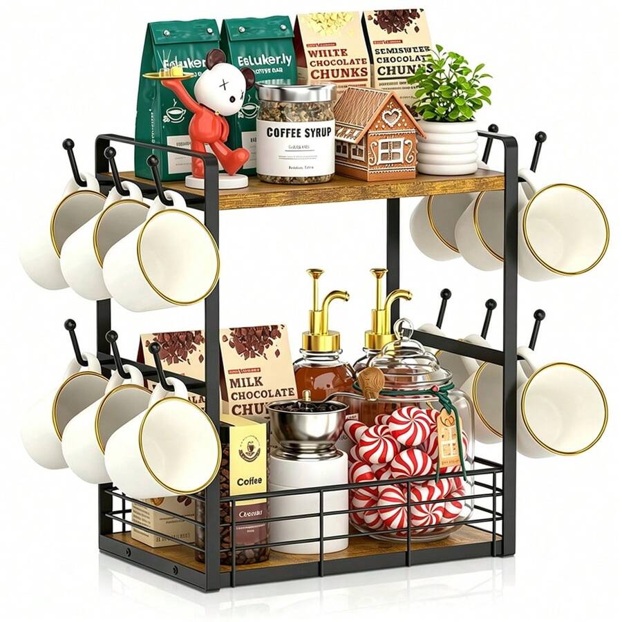 Coffee Mug Tree Bar Station Organizer, 2-Tier Mug Rack For Kitchen Storage Display Shelf, With 12 Hooks - View 1