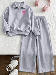 Setelan 2 Potong untuk Anak Perempuan Remaja: Hoodie Berresleting Motif Pita Merah Muda & Celana Panjang Lebar Merah Muda, Desain Minimalis, Cocok untuk Musim Semi, Gugur, dan Dingin, Nyaman dan Santai - Light Grey - View 1