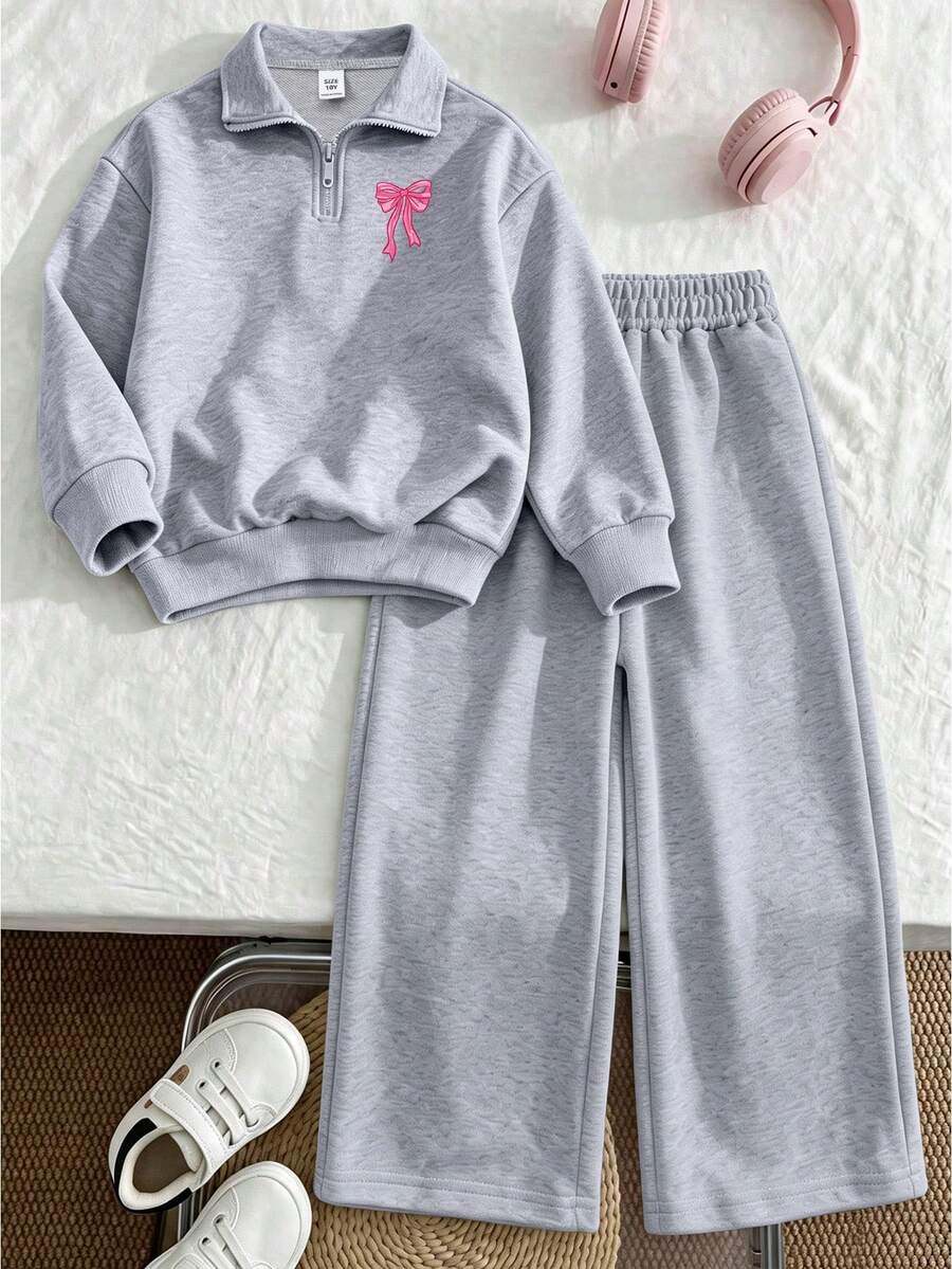 Setelan 2 Potong untuk Anak Perempuan Remaja: Hoodie Berresleting Motif Pita Merah Muda & Celana Panjang Lebar Merah Muda, Desain Minimalis, Cocok untuk Musim Semi, Gugur, dan Dingin, Nyaman dan Santai - Light Grey - View 1