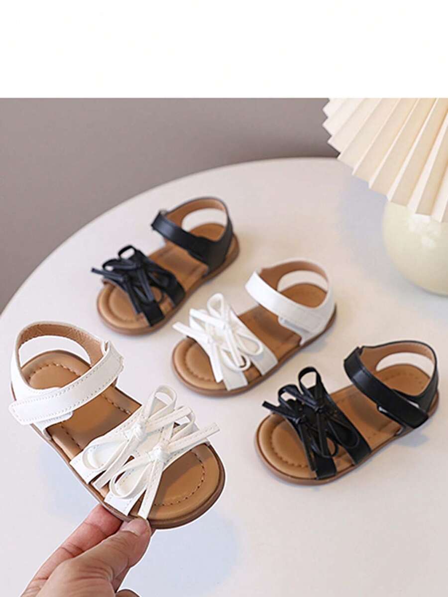 1 Pair Girls' Summer Double Bow Sandals With Hook-And-Loop Buckle, Soft Sole, Non-Slip, Princess Style Open Toe Beach Shoes - Beige - View 1