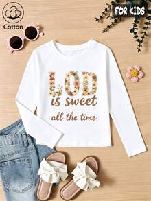 Girls Cotton Raglan Long Sleeve Tee, Autumn Winter Top With Floral Print & Sweet Saying, Cute Girly Preppy Style - White - View 3