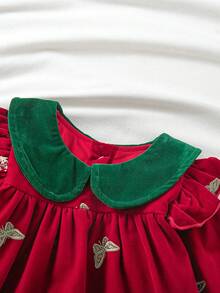 1pc Baby Girl Velvet Peter Pan Collar Embroidered Vintage Royal Style A-Line Dress - Red - View 3