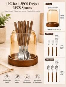 1pc Glass Kitchen Utensil Holder, Solid Wood Base, Open-Top Kitchen Utensil Storage Can, Suitable For Forks, Spoons, Chopsticks And Small Tools, Transparent Or Amber Color Optional, Suitable For Countertop, Dining Table, Dorm And Daily Home Storage, Utensils Not Included - View 14