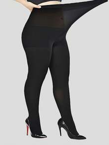 1 Pair Women Solid Black Plus Size Opaque Pantyhose, Medium‑Thick High Stretch Soft Casual Tights For Autumn Winter Daily Office Outfits - Black - View 2