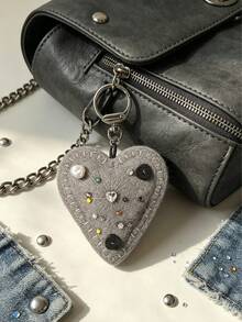 1pc Y2K Beaded Heart Fabric Bag Charm, Handmade Felt Heart Keychain / Bag Pendant With Center Rhinestone Or Sequin Embellishment And Radial Stitching Decoration, Niche Accessory, Creative Gift - Multicolor - View 5