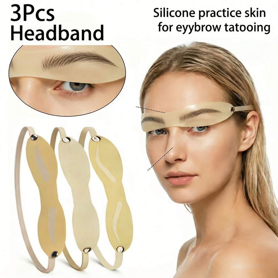 3pcs Wearable Eyebrow Practice Skin Headband For Microblading Training 3D Realistic Silicone Adjustable Pads Shading Mapping Lining Fake Skin For Beginners Professional - Apricot - View 1