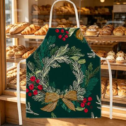 1pc Christmas Wreath Bow Print Apron - Sleeveless Design, Durable And Comfortable Fit, Featuring Pine Wreath Red Berry Bow Pattern, Suitable For Cooking, Baking And Home Cleaning, Household Cleaning, Housework Apron, Christmas Party Apron, Fun Holiday Gift