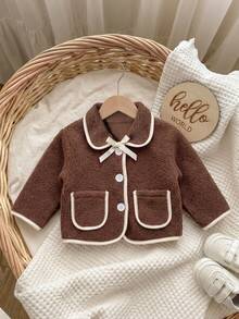 1pc Baby Girl Autumn/Winter Daily Wear Warm Soft Fuzzy Brown Fleece Jacket - Brown - View 6