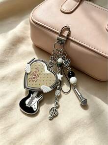 Y2k Heart-Shaped Mirror Bag Charm, Style Musical Note Guitar Pendant, Portable Heart-Shaped Mirror Keychain, Birthday Or Holiday Gifts. - Multicolor - View 5
