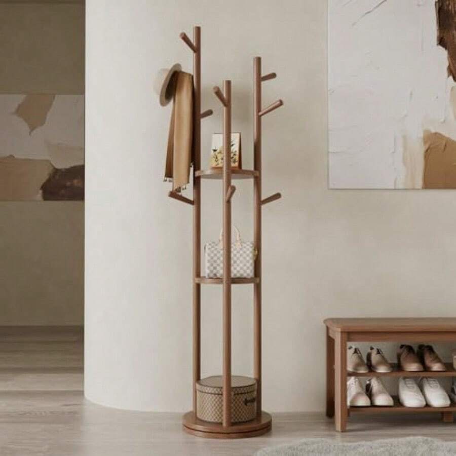 Solid Wood Rotary Coat Rack, Freestanding Coat Rack With 3 Shelves And 9 Hooks, Coat Tree For Bedroom, Entryway, Livingroom, Coat Hanger Stand For Coa - Walnut - View 1