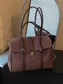 女款 Satchel 手提托特包，純色麂皮 PU 拼接材質，金屬鎖扣，長頂部手柄，大容量，復古風，適合辦公工作與日常通勤 - 咖啡 - 查看 6