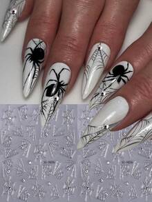 2 Folhas de Adesivos Metálicos Prateados de Teia de Aranha para Halloween, Padrão de Teia de Aranha 3D Oca Autoadesiva, Decorado com Strass, Estilo Gótico Assustador, Acessórios de Decoração de Arte de Unhas com Tema de Halloween para Mulheres DIY - Prata - Visão 5