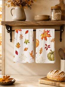 2PCS Kitchen Towels Autumn Pumpkin Leaf Seamless Pattern, Minimalist Style Superfine Microfiber Material Soft Kitchen Towels Dish Cloths, Hand Towels, Tablecloths, Kitchen Decor, Kitchen Cleaning, Bathroom Cleaning, Holiday Party Decor, Kitchen & Bathroom Supplies Home Essentials, Home Decor, Housewarming Gift - White - View 2