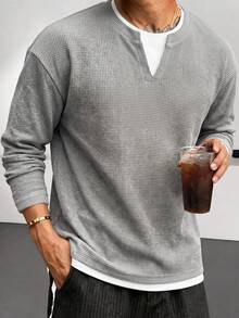 Blueprint Man 1pc Men's Gray 2 In 1 Henley Collar Long Sleeve Sweatshirt, Fine Vertical Textured Fabric, Soft And Breathable, Unique Small V-Neckline For Layered Look, Solid Color Minimalist Style, Suitable For Commuting, Daily Wear And Travel - Grey - View 3