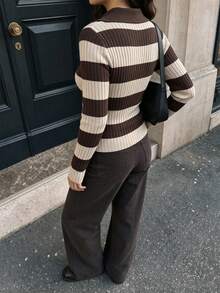 FOR BEAUTY Fall Winter Y2K Elegant Mocha Brown Striped Collar Neck Long Sleeve Soft Ribbed Sweater Tops Women Going Out Vacation Outfits - Multicolor - View 7