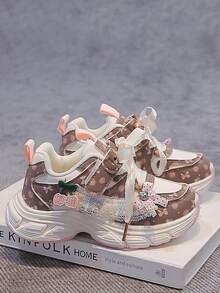 Girls' Sweet Floral Print Chunky Sneakers, Lace Bow Pearl Thick Sole Anti-Slip Princess Style Sneakers - Pink - View 3