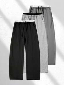 Men's Double Waistband Wide Leg Sweatpants, Fleece Lined, Drawstring Elastic Waist, Casual Loose Fit With Pockets, Streetwear Style For Daily Wear - Black - View 10