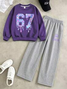 2pcs/Set Boys Crew Neck Sweatshirt Set, With 67 Design, Paired With Simple Casual Wide Leg Pants, Suitable For Autumn/Winter Holiday/Travel Fashion Outfit - Purple - View 2