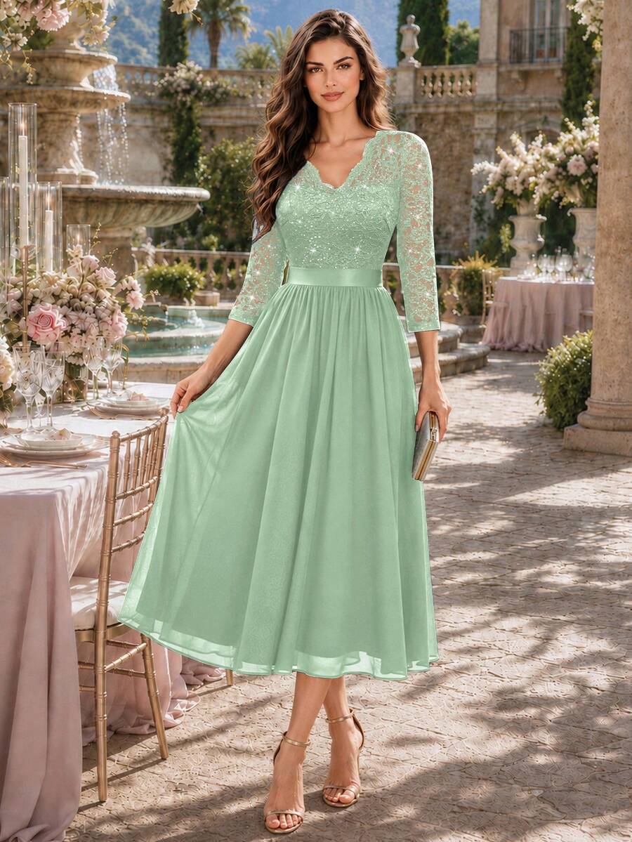 MIUSOL Elegant V-Neck Sequin Floral Lace Ruched Chiffon 3/4 Sleeve Ball Party Skirt, A-Line Midi Skirt, Suitable For Wedding Guests, Dinner - Mint Green - View 1