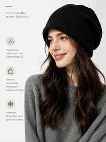 Minimalist Vintage Hollow Cable Knit Beanie, Oversized Fit, Face-Slimming, Ear-Covering Warm Hat For Shopping, Commuting, Travel, Matching With Coats And Sweaters - Multicolor - View 4