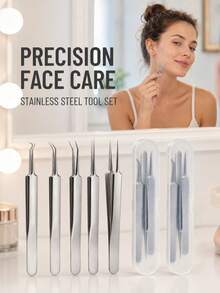 8PCS/4pcs Acne Needle Blackhead Cleaning Tool Set With Portable Storage Box, Stainless Steel Acne Cleaning Needle + High Precision Acne Tweezers Combination, Includes Ultra-Fine Straight Tip Tweezers, 125° Curved Tip Tweezers And Double-Ended Acne Needle - Multicolor - View 3