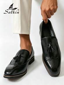 Salkin 复古设计师男士流苏便士乐福鞋，优雅绅士社交真皮鞋，柔软舒适的套脚休闲正装鞋，适合商务、派对、婚礼等多种场合，适合春秋季穿着，尺码偏小，建议选购大一码。 - 黑色 - 查看 1