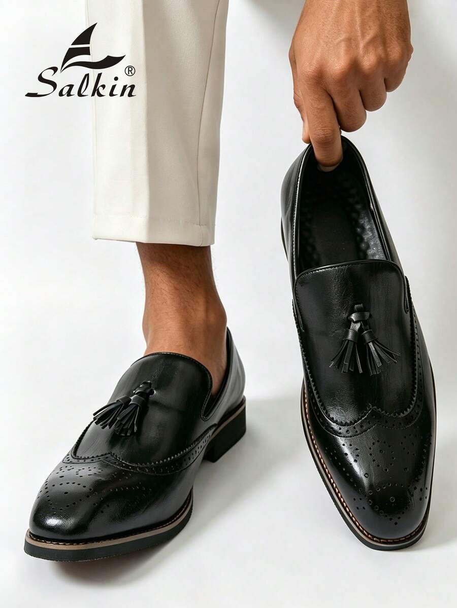 Salkin 复古设计师男士流苏便士乐福鞋,优雅绅士社交真皮鞋,柔软舒适的套脚休闲正装鞋,适合商务、派对、婚礼等多种场合,适合春秋季穿着,尺码偏小,建议选购大一码。 - 黑色 - 查看 1