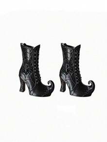 Halloween Dark Style Spider Witch High Heel Boots Figurine, Vintage Spider Web Embossed Curved Pointed Shoe Design, Gothic Halloween Atmosphere Desktop Decor, Suitable For Yard, Coffee Table, Window Display, Halloween Party Essential Ornament, Unique Niche Home Decor, Gift, Scene Setting, Photography Prop Dual Use, Matte Black Texture Exquisite Versatile - One Size Fits All - View 12