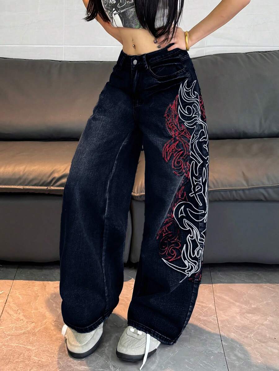 1pc Women's Loose Fit Embroidered Wide Leg Jeans, Comfortable Casual High Street Versatile Denim Pants (Belt/Accessories Not Included) Spring Fall
