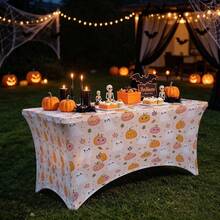1pc Ghost Pumpkin Pattern Printed High Elasticity Tablecloth With Elastic Band - Stretchable Fit, Washable And Reusable Table Cover For Dining Table, Buffet Table, Dessert Table, Banquet, Holiday Party Decoration, Halloween, Birthday, Wedding - Suitable For Kitchen Use - Multicolor - View 6