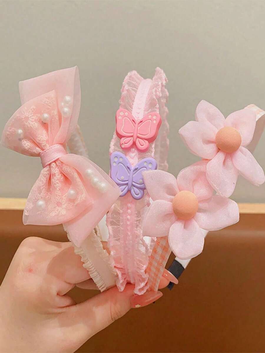3pcs Girls Mesh Bow Flower Hairbands, Sweet Fresh Style Non-Slip Headbands, Children's Hair Accessories For Daily Wear - Pink - View 1
