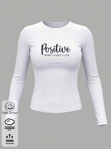 Women's Pure Cotton Long Sleeve Top T-Shirt Positive Print Minimalist Casual Slim Fit Crew Neck Fall Winter Basic Layering Tee - White - View 4
