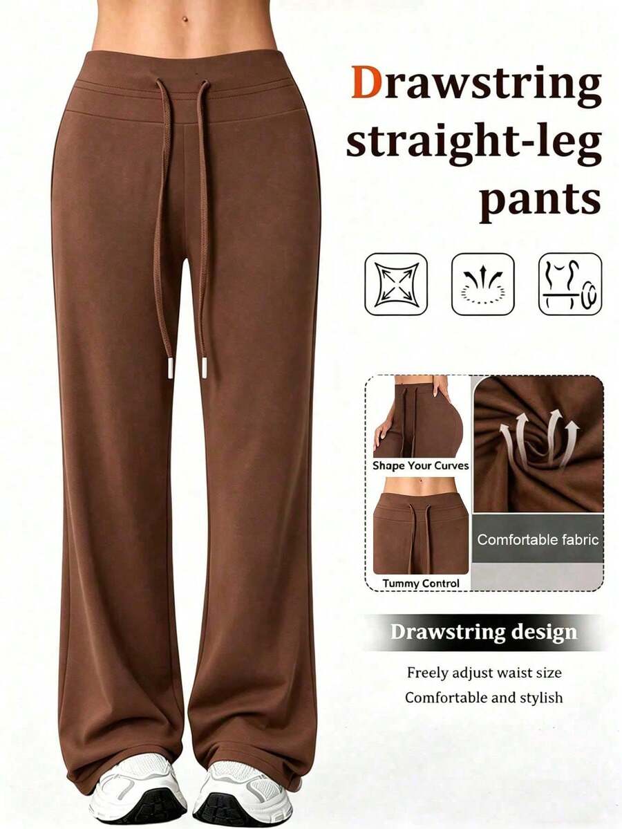 1pc Women's High Waist Wide Leg Pants, Drawstring Straight Leg Pants, Elastic Wide Leg Pants, Drawstring Design, Daily Office Versatile Casual Wear Long Pants, Commute Style Solid Color Minimalist Draped Design High Waist Wide Leg Pants, Four Seasons Vintage Loose Casual Long Pants, Fashion Minimalist Versatile Long Pants, Suitable For Office, Business Casual And Formal Occasions Daily Outdoor Shopping Wear - Brown - View 1