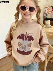 Autumn Girls Printed Sweatshirt With Carousel Deer And Pink Bow Design, White Long Sleeve Crewneck - Apricot - View 4