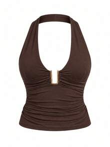 Women's Summer Vacation Solid Color Halter Neck Ruched Fitted Camisole Casual - Coffee Brown - View 4