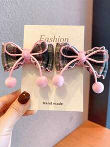 2pcs Girls Autumn/Winter Vintage Versatile Multi-Color Plaid British Style Bow Hair Clips - Pink - View 6