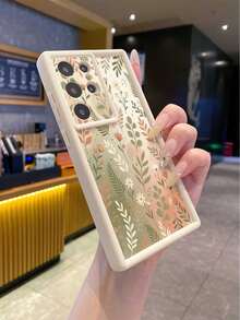1pc Fashion Pure Android TPU Material Leaf Element Pattern Lens Protection Thick Anti-Drop Anti-Fingerprint Beige Diamond Sand Phone Case Compatible With Samsung/Transsion/HONOR/ - Beige - View 4