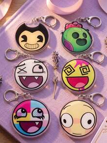 1Pc/6Pcs Bendy And The Ink Machine Cartoon Acrylic Keychain Set, Funny Round Expression Pendant For Backpack, School Bag & Car Keys. - Multicolor - View 2