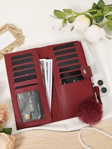 Dengan hiasan pom-pom, dompet panjang ultra tipis yang modis, dompet yang dapat memuat ponsel kecil, cocok untuk aktivitas luar ruangan dan perjalanan. - Burgundy - View 6