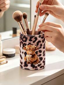 Leopard Print Highland Cattle Makeup Brush Holder, Makeup Storage Box, Makeup Tool Storage, Multifunctional Makeup Holder, Leopard Print Cute Storage Box, Desktop, Dressing Table, Lobby, Living Room Decoration, Gifts For Friends - Multicolor - View 8