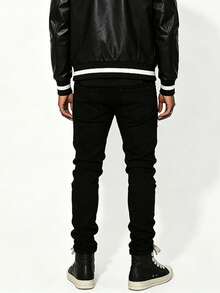 Men's Fashion Distressed Patch Street Style Slim Fit Stretch Jeans - Black - View 3