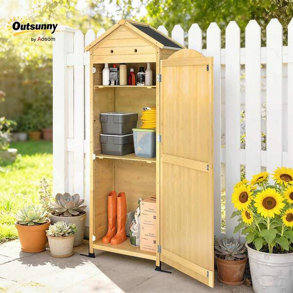 Outsunny Garden Storage Cabinet Wood Extra Tall Tool Shed 85x58x213cm Natural Wood Adjustable Shelf, Magnetic Door, Galvanized Roof, Ventilation, Anti-Tip, Tool House For Terrace Garden