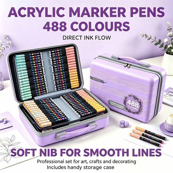 Guang Na 408/360/366/288/240 Colors Soft Bristle Acrylic Paint Markers, Painting Art Supplies Felt Stationery Set, Free Ink Flow System, Rich Colors, Clear Coloring Pages, Layerable Colors, Strong Coverage, Soft And Flexible Tips, Elastic, Can Draw Thick And Thin Lines Freely, Perfect For Mystery Coloring, Back To School Gifts, Canvas Shoes, T-Shirt Design And Other Smooth Surface Color Decoration