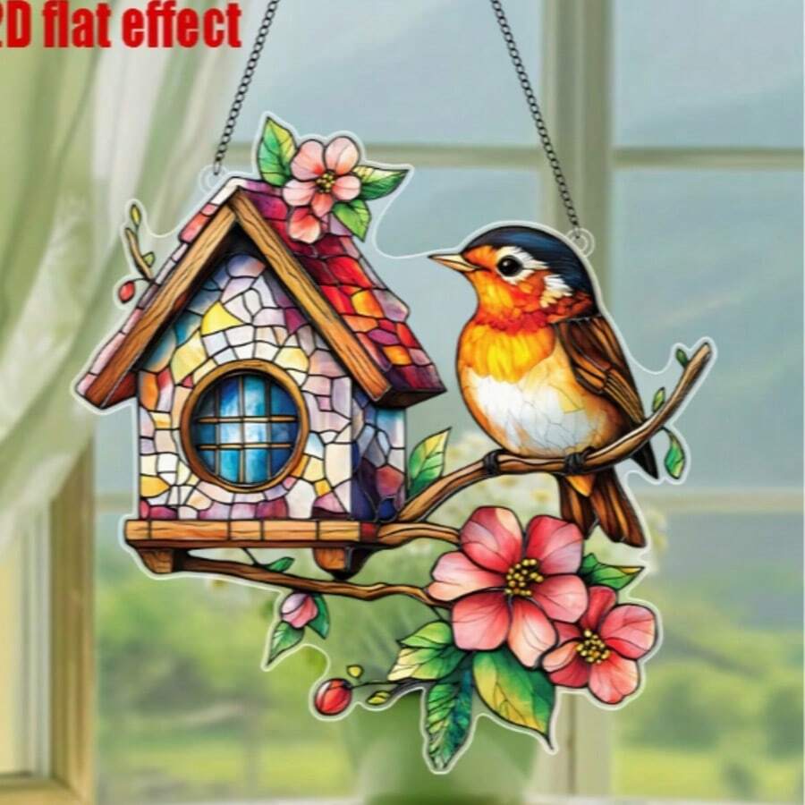 1pc Vibrant Swallow Sun Catcher - Colorful Acrylic Style Decorative Ornament, Multi-Color Window And Garden Hanging, With Landscape Design, Perfect For Porch And Wall Art - D - View 1