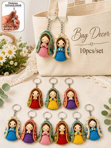 10pcs Colorful Crochet Style Virgin Mary Keychain, 2D Flat Acrylic Floral Praying Girl Pendant, Cute Religious Faith Bag Charm, Car Key Chain Accessory, Suitable For Daily Commute, Church Gathering, Baptism, Religious Memorial, Holiday Party And Faith Gift - Multicolor - View 4