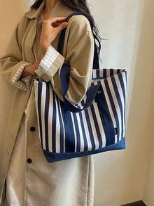 Fashionable Large Capacity Striped Shoulder Tote Bag, Multi-Functional Pockets, Suitable For Women Shopping, Commuting And Daily Use, Suitable For Students Back To School - Blue - View 5