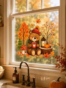 1pc Autumn Forest & Bear Window Sticker, Illustration Style Window Decor, Pumpkin Mushroom Pine Tree Lantern Berry Elements Glass Decal - D - View 3