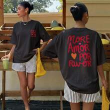 Camiseta Mujer Con Estampado Delantero Y Trasero Texto Con Corazones Manga Corta Holgada - Black - View 3