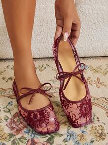 Women's Burgundy Flat Ballet Shoes With Bow Decor, Embroidered Mesh Hollow Out Breathable Square Toe Sequin Comfortable Mary Jane Sandals For Summer - Burgundy - View 6